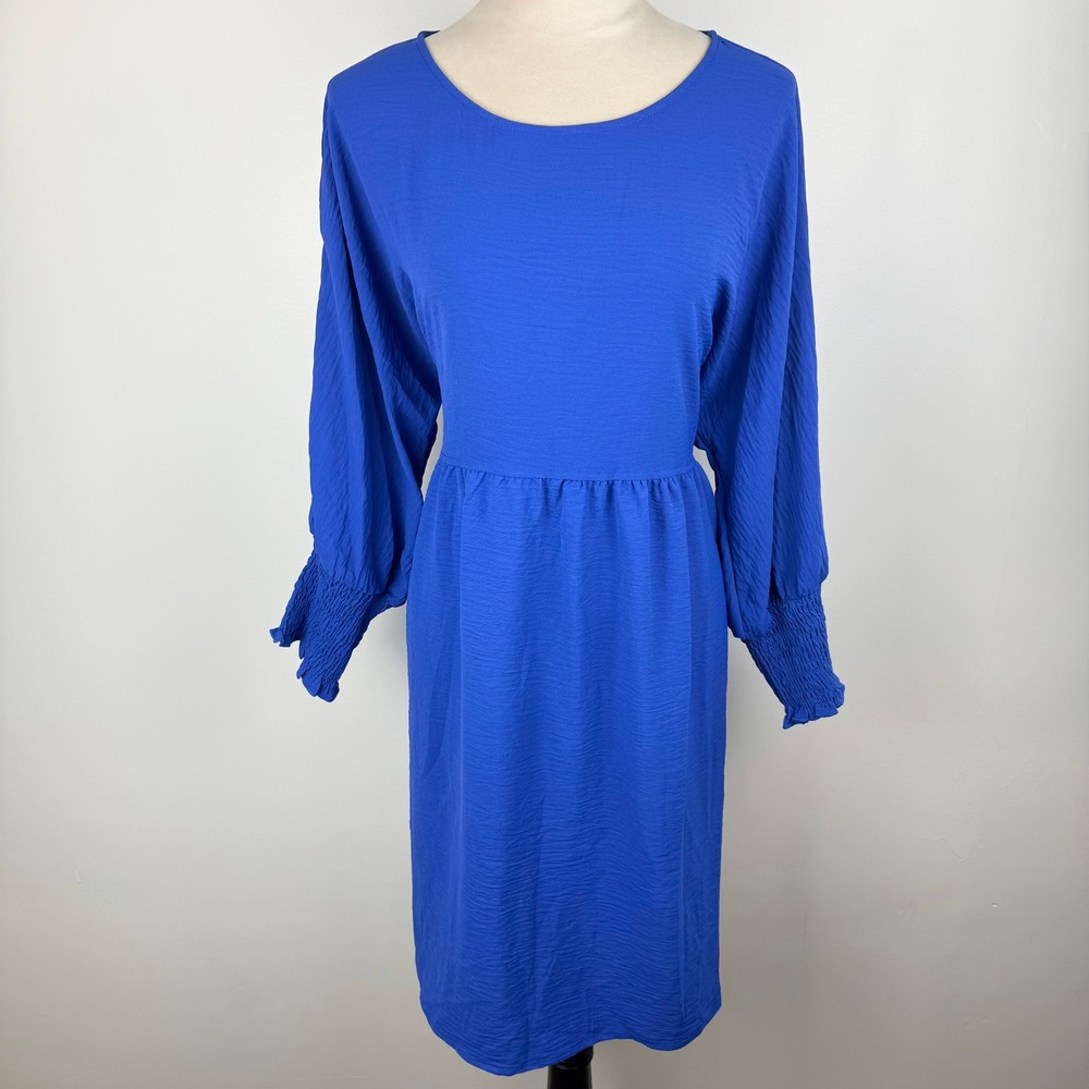 NWT Dokotoo Womens Royal Blue Textured Babydoll Mini Dress Smocked Cuffs Size XL